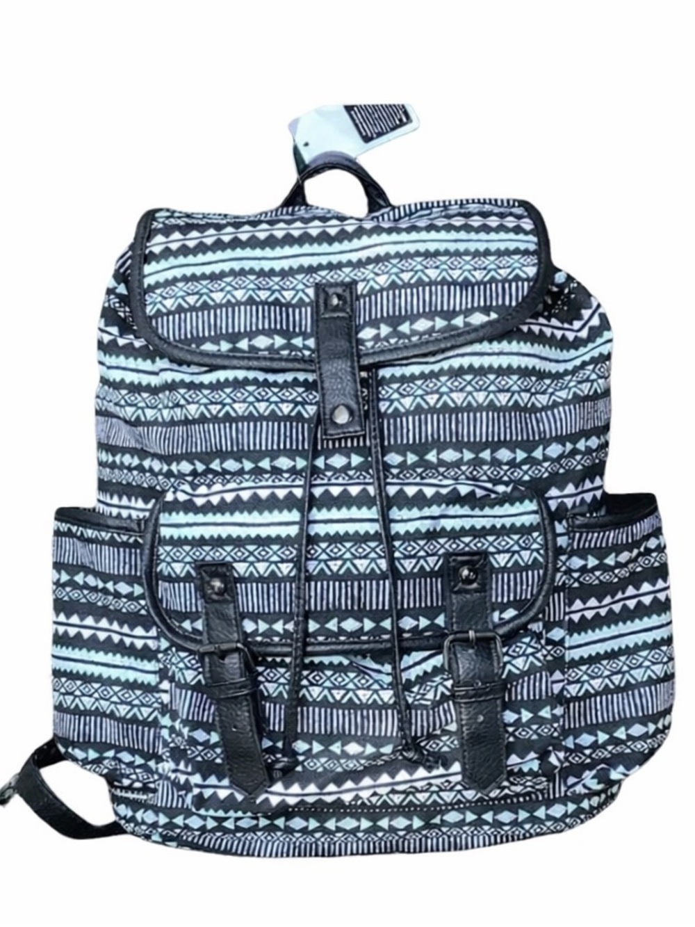 Backpack Mint Green Print Black Trim Side Pockets Drawstring Top New